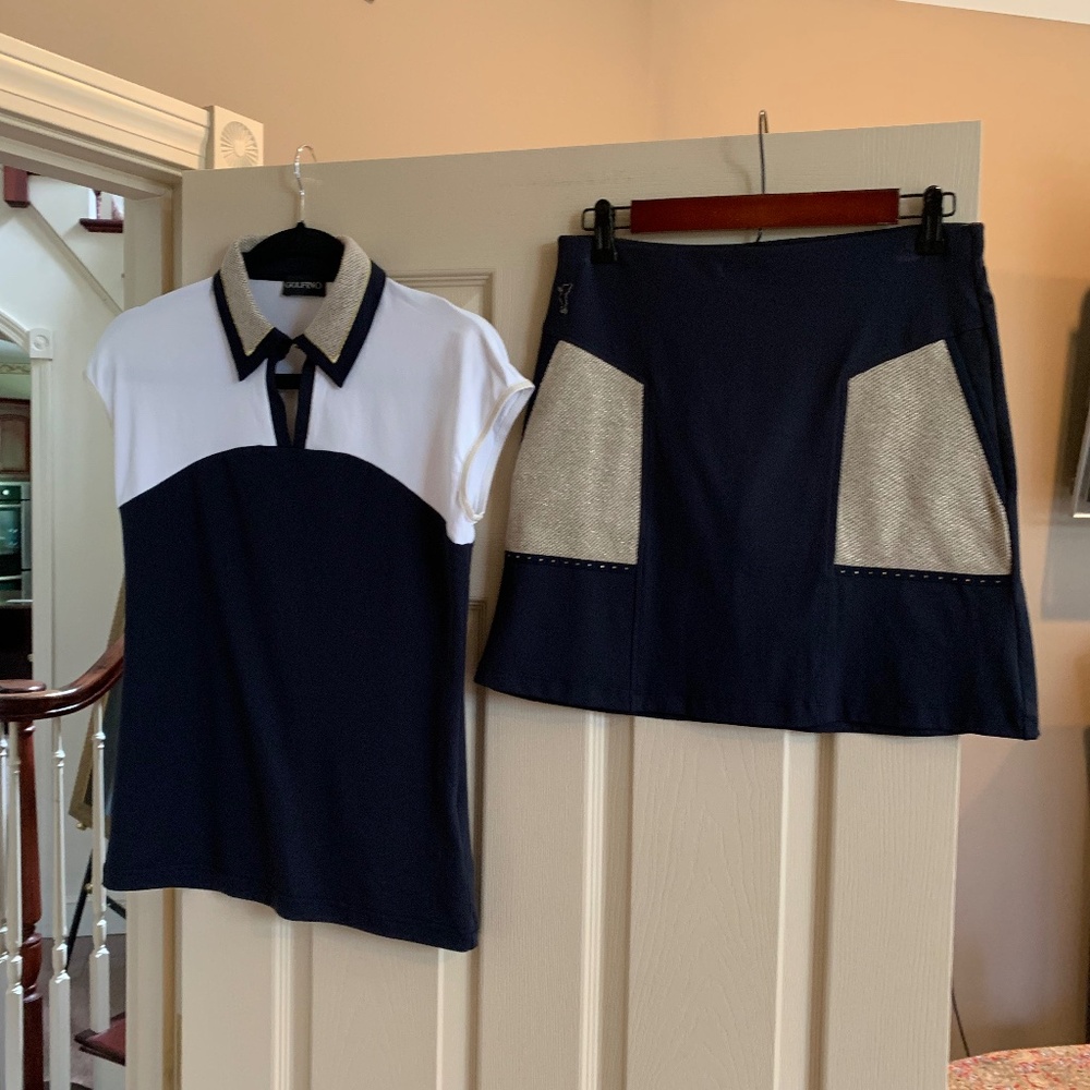 NWOT Golfino Navy Blue/White/Gold Lurex Golf Skort/Top Set sz 6/8